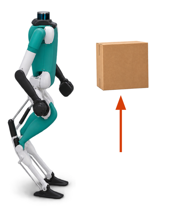 A humanoid in idle mode standing at nominal pose next to a stationary box