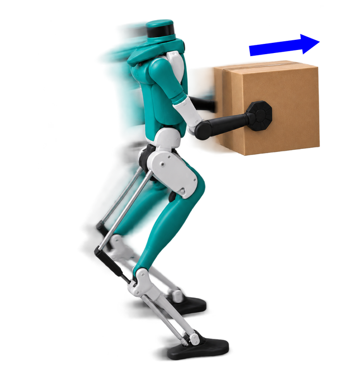 A humanoid in track mode approaching and pushing a box along a commanded direction